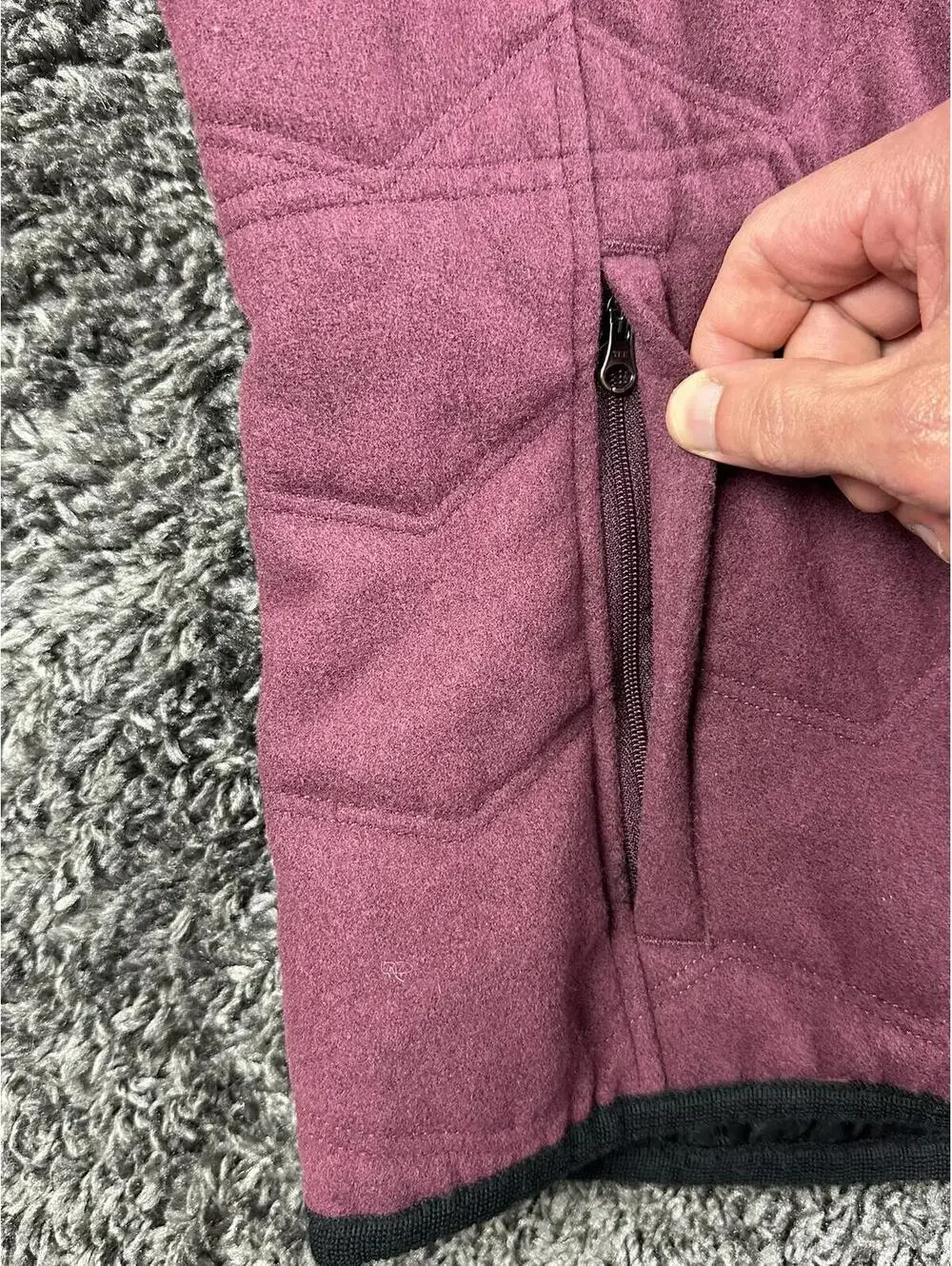 prAna Calla Wool Hooded Vest Womens Burgundy Quilted Faux Fur Trim Full Zip Sz M - Picture 3 of 15